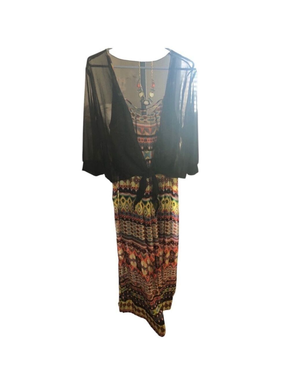 4 pc. Curated Set Geometric Maxi Dress with a Sheer Shrug and Jewelry set